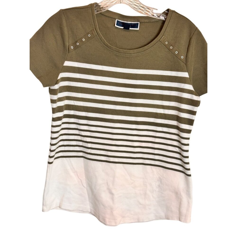 Karen Scott Sport Small Cotton Casual Sporty Olive & White Striped T-Shirt